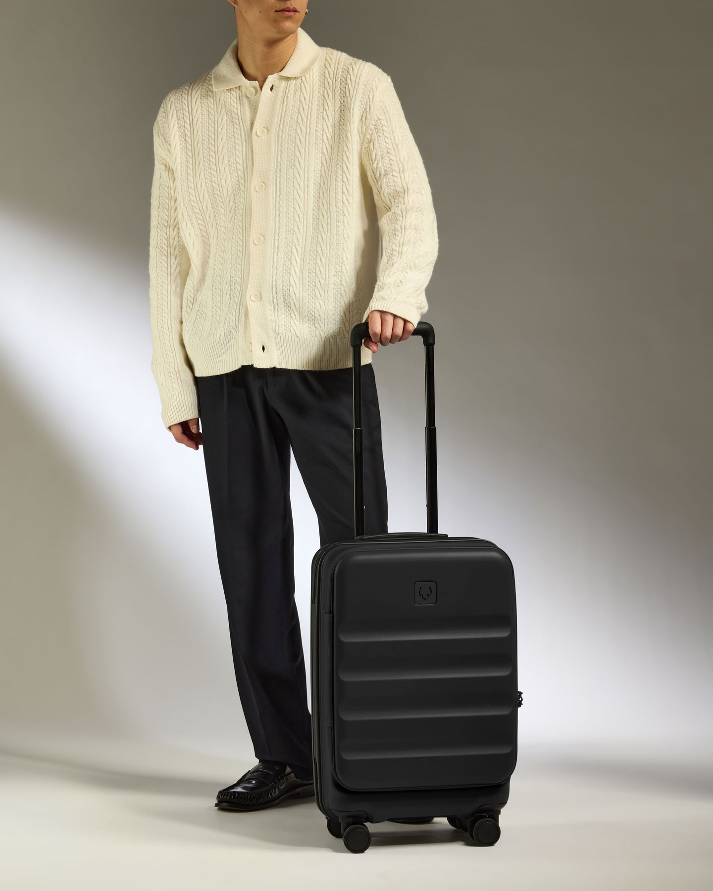 Dual Opening Cabin Suitcase in Black - Icon Stripe