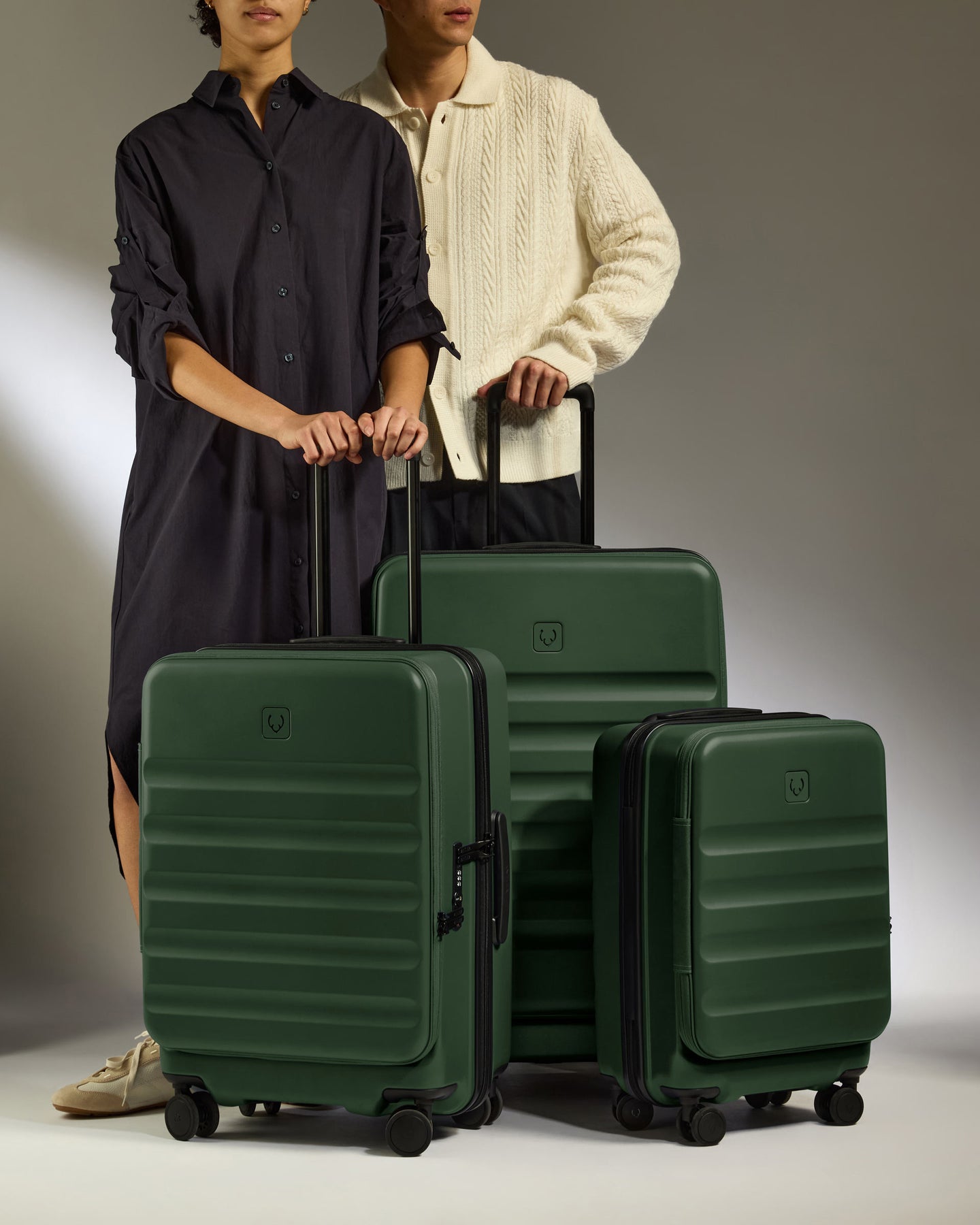 Dual Opening Cabin Suitcase Set in Antler Green - Icon Stripe