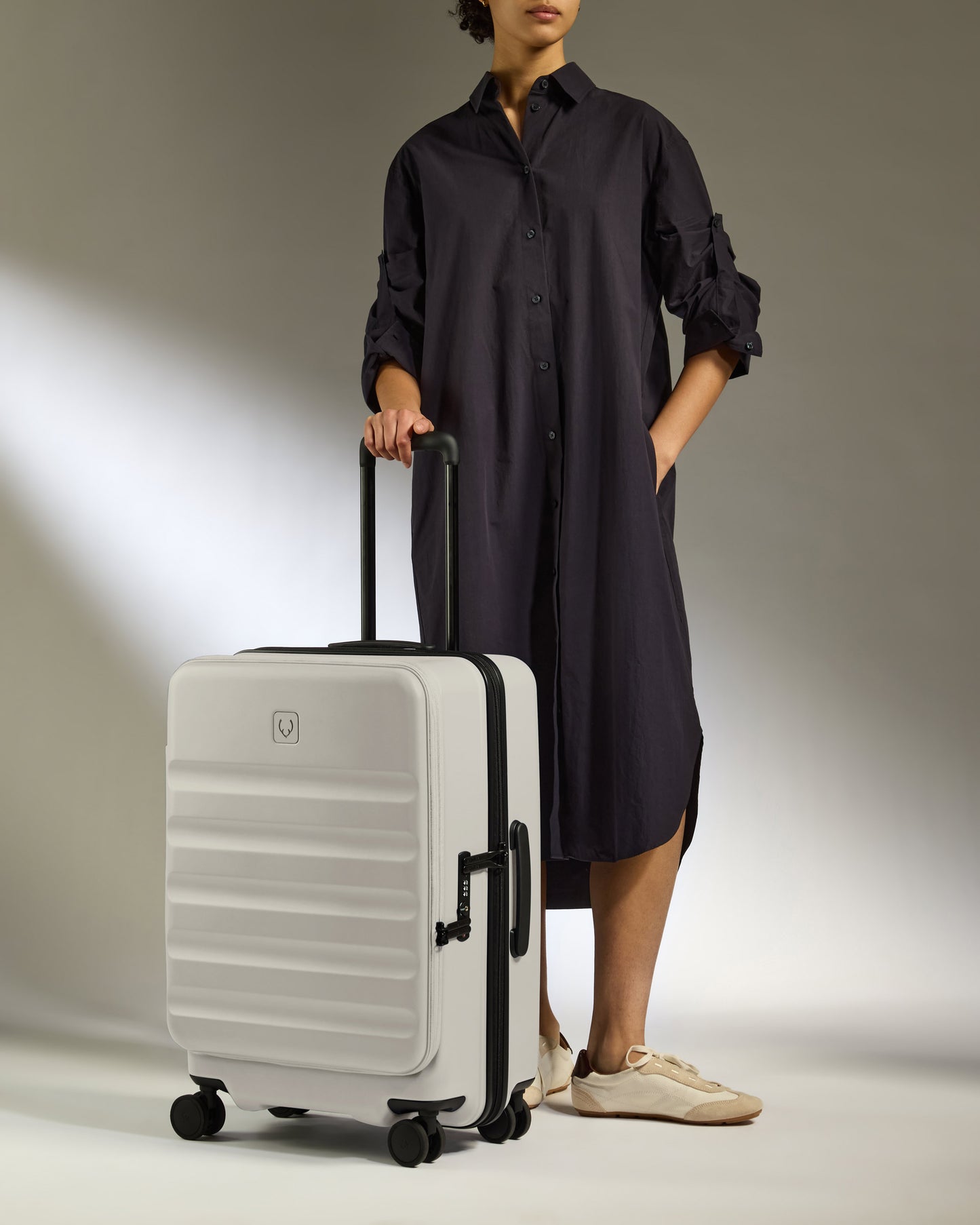 Dual Opening Medium Suitcase in Taupe - Icon Stripe