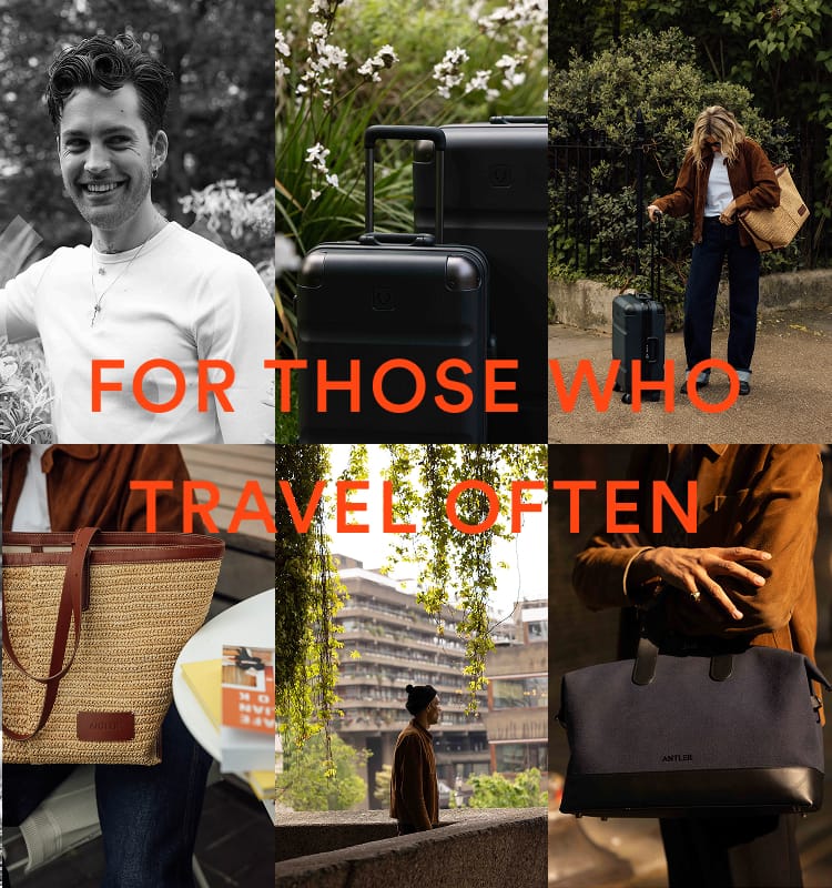 a collage of a man and a woman with luggage