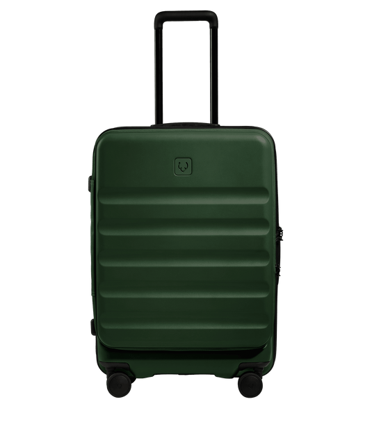 a green suitcase with wheels