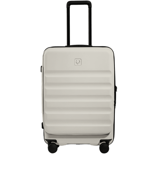 a white suitcase with wheels