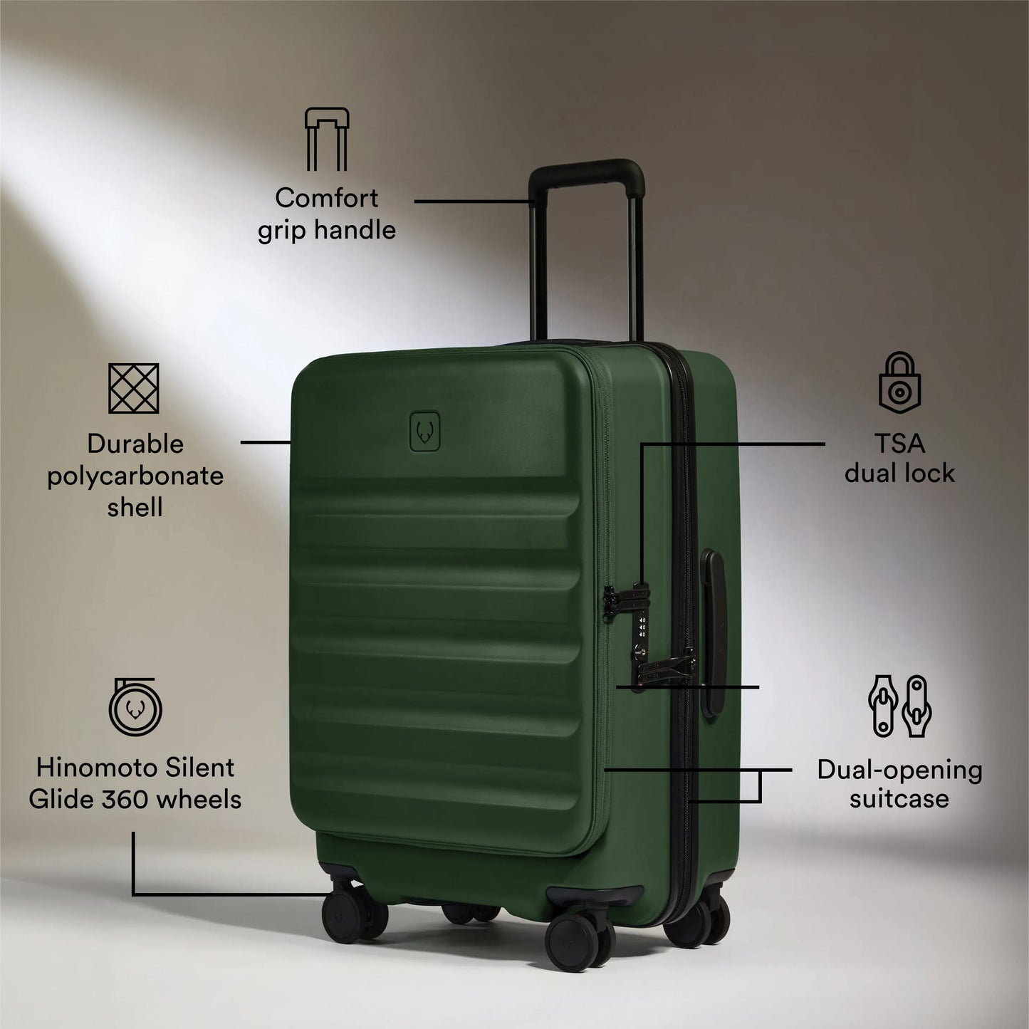 Dual Opening Cabin Suitcase in Antler Green - Icon Stripe