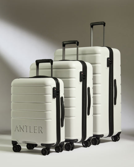 Antler Luggage -  Suitcase Set in Arctic Grey - Logo - Hard Suitcases Set of 3 Suitcases Light Grey - Logo | Lightweight Hard Shell Luggage